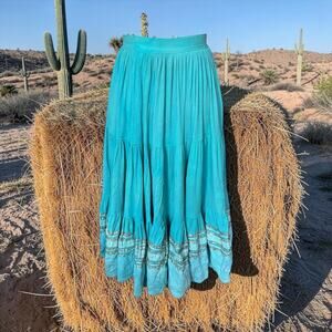1950s Turquoise Patio Skirt Full Sweep Silver Rickrack Western Fiesta